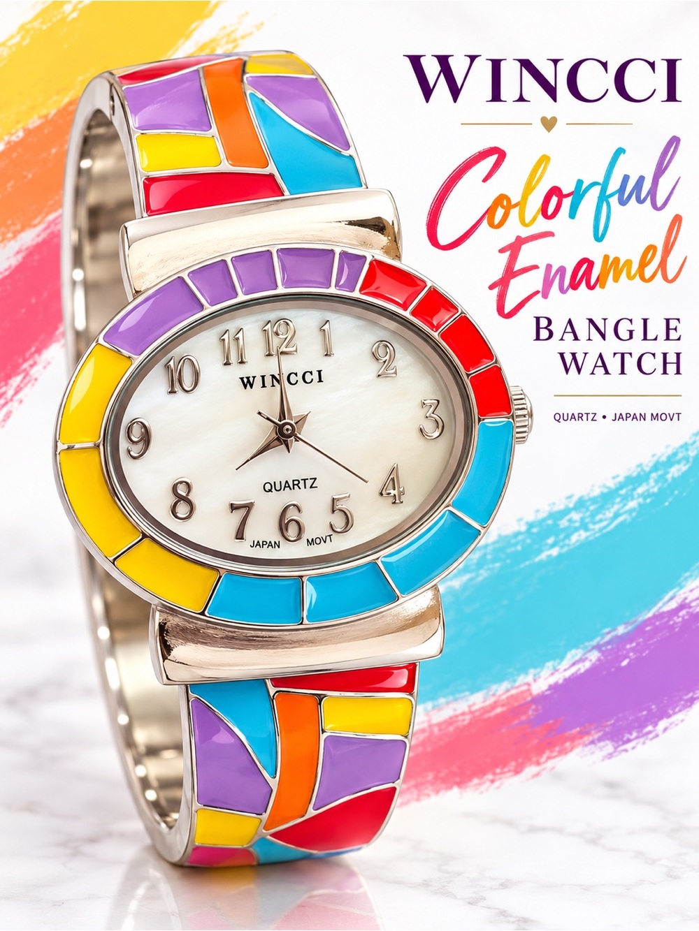 Wincci Multicolor Enamel Bangle Cuff Quartz Watch Japan Movement